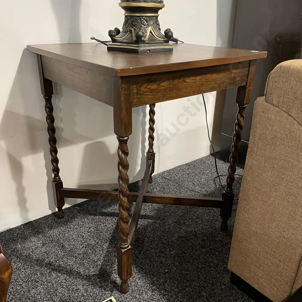 Vintage Solid Oak Square Occasional Table. Cross Base Rope Legs H72 58cm Square Image 1++