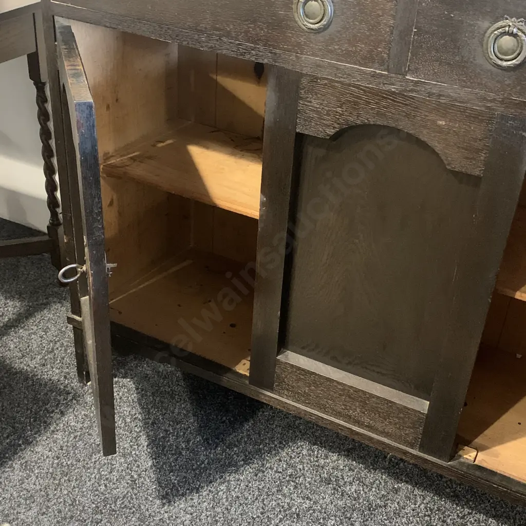 Arts and Crafts Solid Oak 2 Door 2 Drawer Sideboard. Bevelled Mirror Back, Original Metal ring Handles. H161 W138 D48cm Image 1++