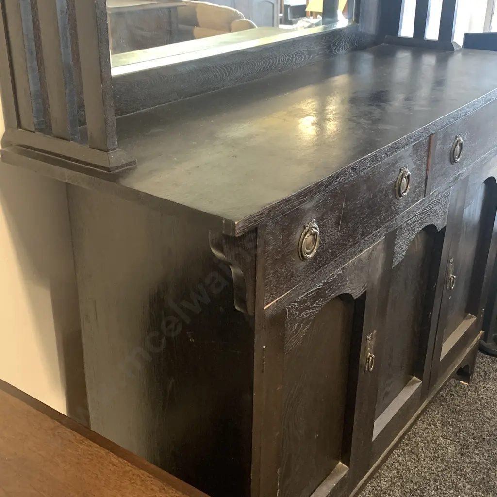 Arts and Crafts Solid Oak 2 Door 2 Drawer Sideboard. Bevelled Mirror Back, Original Metal ring Handles. H161 W138 D48cm Image 1++