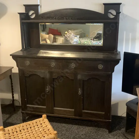 Arts and Crafts Solid Oak 2 Door 2 Drawer Sideboard. Bevelled Mirror Back, Original Metal ring Handles. H161 W138 D48cm