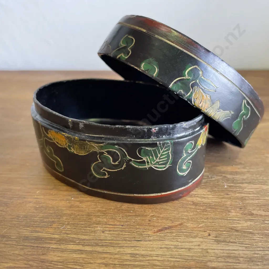 Antique Lacquer Oval Lidded Box with hand painted flow blue and white porcelain top. 10 x 7cm H6cm Image 1++