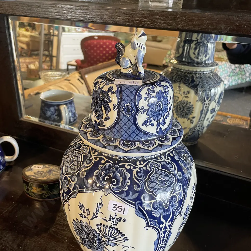 Large Boch Belguim Delfts Flow Blue and White hand painted Ginger Jar with foo dog finial on lid H41cm Image 1++