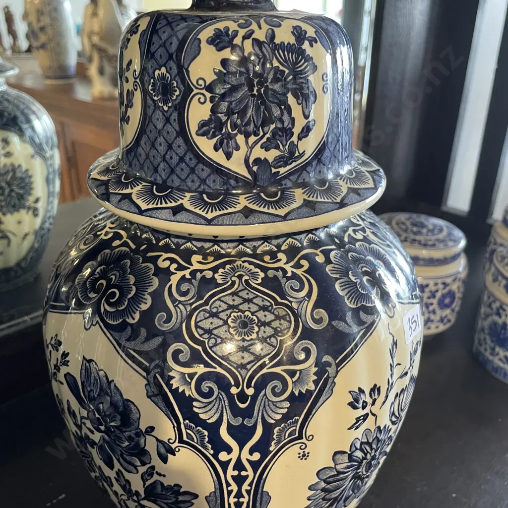 Large Boch Belguim Delfts Flow Blue and White hand painted Ginger Jar with foo dog finial on lid H41cm Image 1++