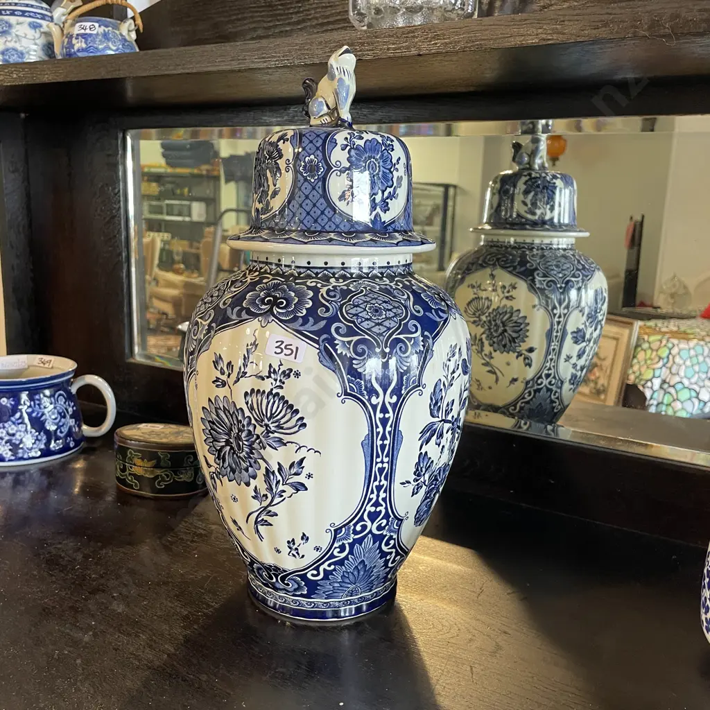 Large Boch Belguim Delfts Flow Blue and White hand painted Ginger Jar with foo dog finial on lid H41cm Image 1++