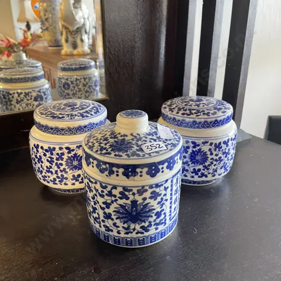 Assorted Vintage Flow Blue and White cannisters x 3