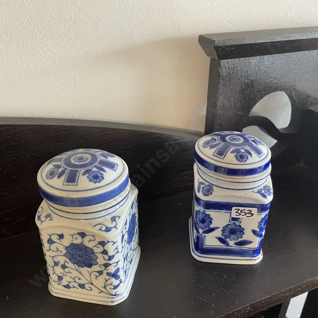 Pair Flow Blue and White lidded jars with Vintage handpainted Flow Blue and White Charger Dia31cm Image 1++