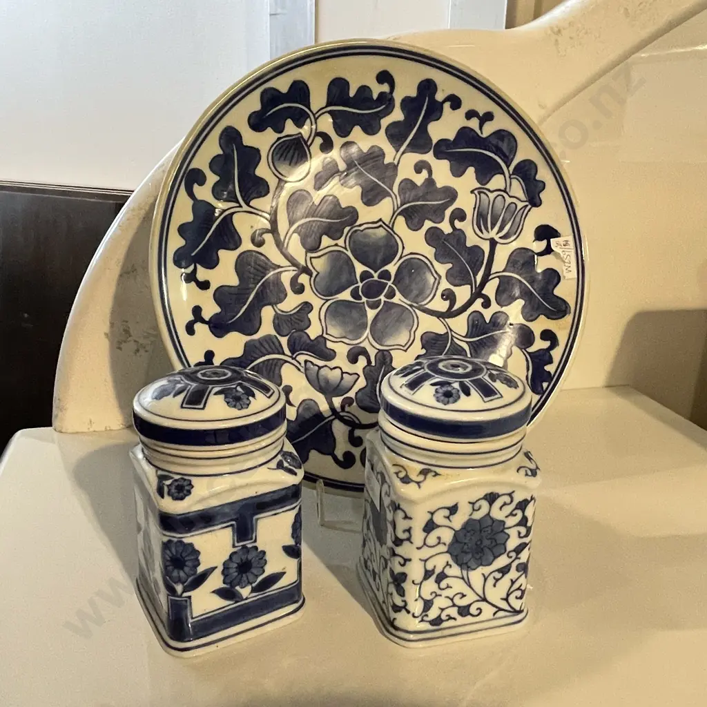 Pair Flow Blue and White lidded jars with Vintage handpainted Flow Blue and White Charger Dia31cm Image 1++