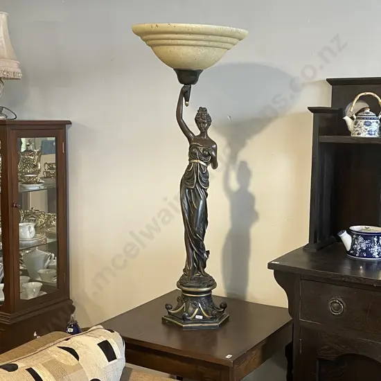 Stunning Extra Tall Table Lamp of Classical Female Figurine, with mottled Glass Top, Excellent Working Condition. H104cm