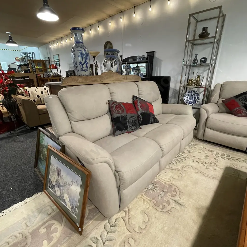 Ex Harvey Norman 3 Seater and 2 Seater Lounge Suite. 4 Seats Recline, Oatmeal Suede Look Fabric. Image 1++