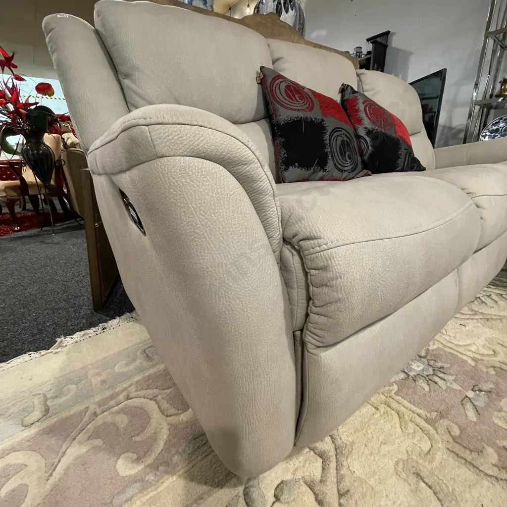 Ex Harvey Norman 3 Seater and 2 Seater Lounge Suite. 4 Seats Recline, Oatmeal Suede Look Fabric. Image 1++