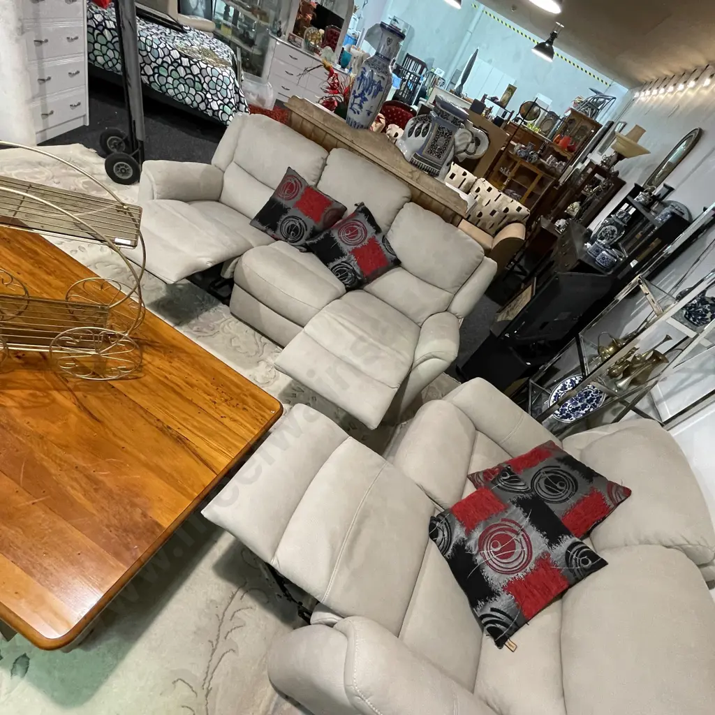 Ex Harvey Norman 3 Seater and 2 Seater Lounge Suite. 4 Seats Recline, Oatmeal Suede Look Fabric. Image 1++