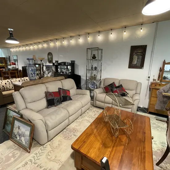 Ex Harvey Norman 3 Seater and 2 Seater Lounge Suite. 4 Seats Recline, Oatmeal Suede Look Fabric.