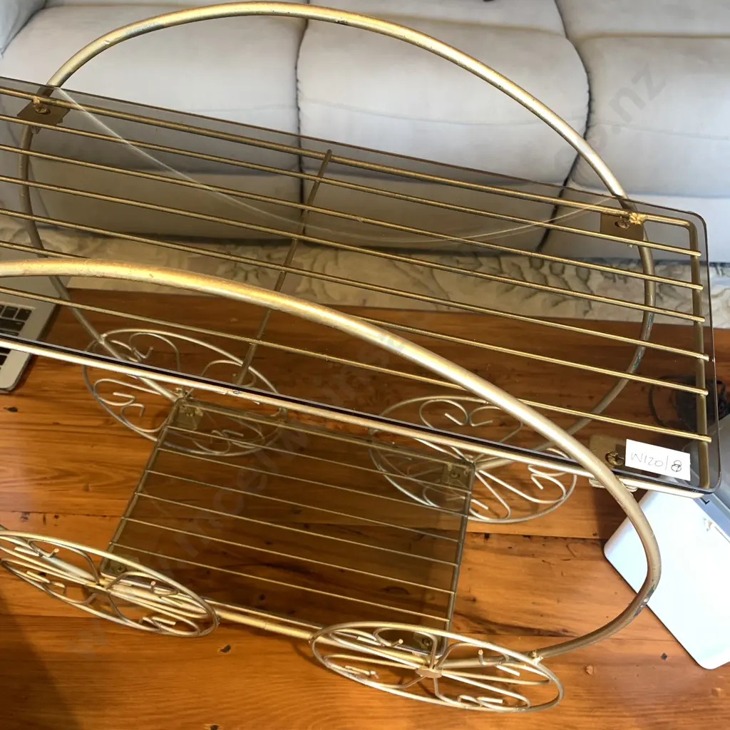 Vintage Retro 2 Tier Tea Stand/Tea Trolley. 2 Removable Glass Shelves, Gilded Metal Frame. H61 W54 D23cm Image 1++