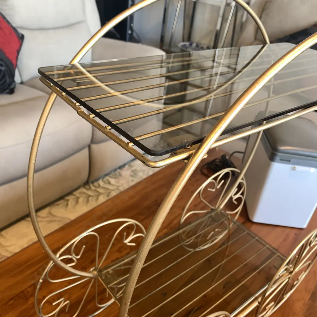 Vintage Retro 2 Tier Tea Stand/Tea Trolley. 2 Removable Glass Shelves, Gilded Metal Frame. H61 W54 D23cm Image 1++