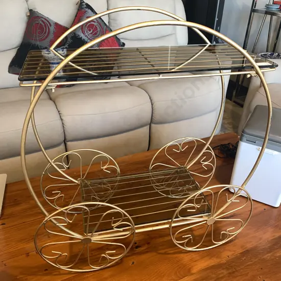 Vintage Retro 2 Tier Tea Stand/Tea Trolley. 2 Removable Glass Shelves, Gilded Metal Frame. H61 W54 D23cm