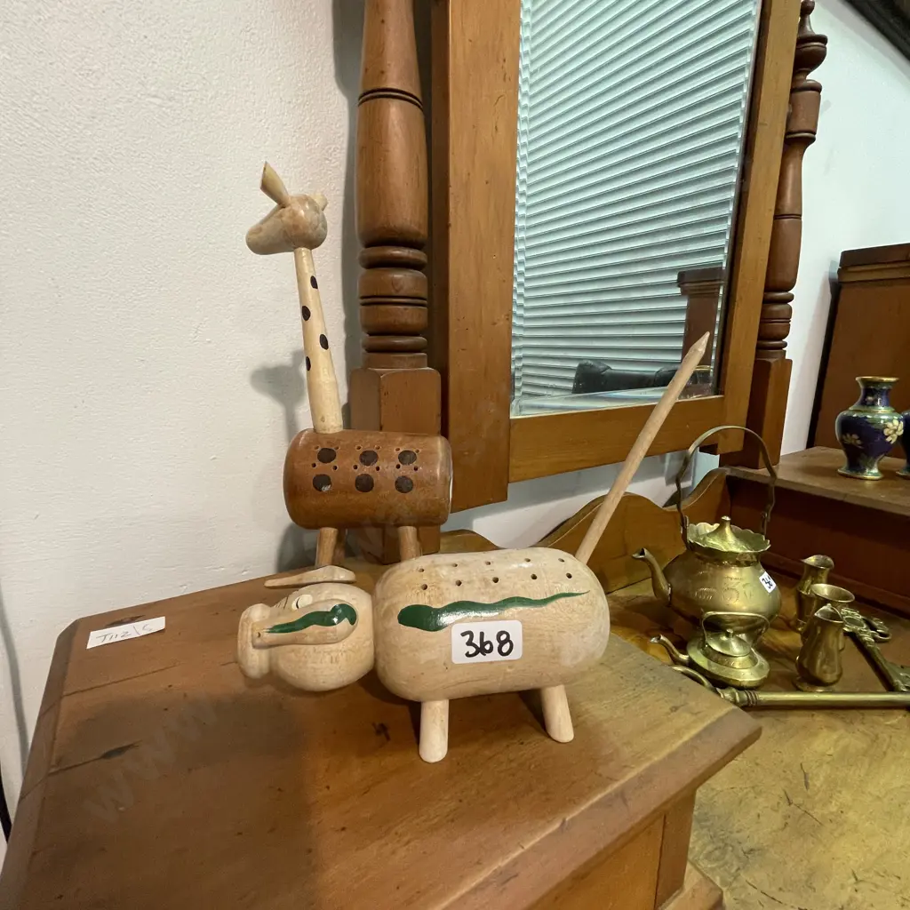 Vintage Wooden Cocktail Stick Holders Giraffe and Pig Image 1++