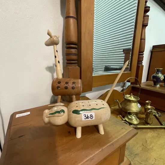 Vintage Wooden Cocktail Stick Holders Giraffe and Pig