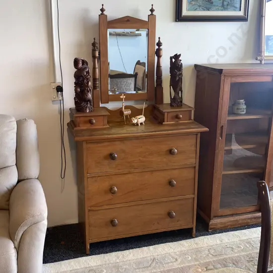 Vintage Kauri 5 Drawer Dresser with Central Mirror. H164 W91 D42cm