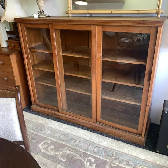 Solid Kauri Cabinet with 3 Sliding Glass Doors and 3 Internal Shelves - H122 W154 D44cm