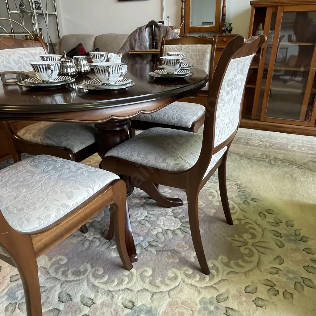 NO RESERVE Vintage Solid Mahogany 5 Pce Dining Suite. Solid 4 leg Central Panel Base. Chairs with Warwick Upholstery Image 1++