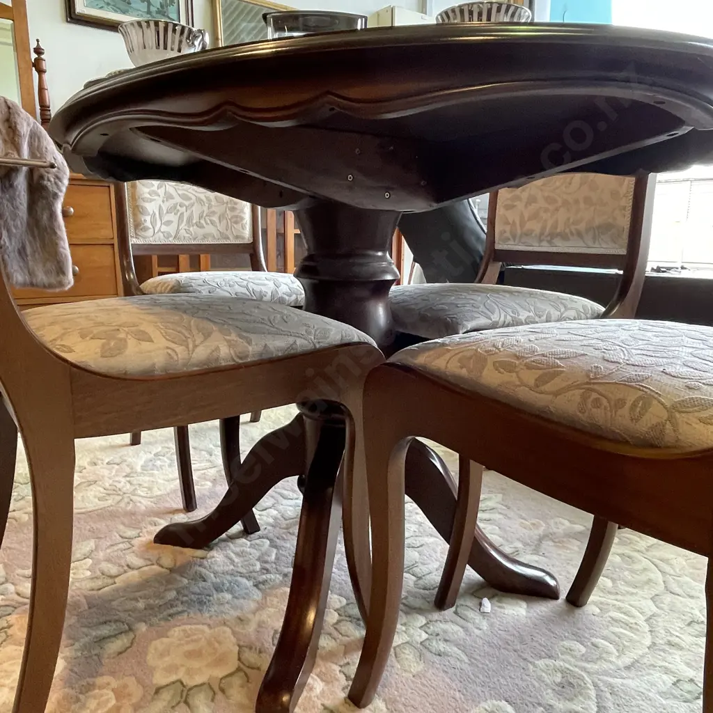 NO RESERVE Vintage Solid Mahogany 5 Pce Dining Suite. Solid 4 leg Central Panel Base. Chairs with Warwick Upholstery Image 1++