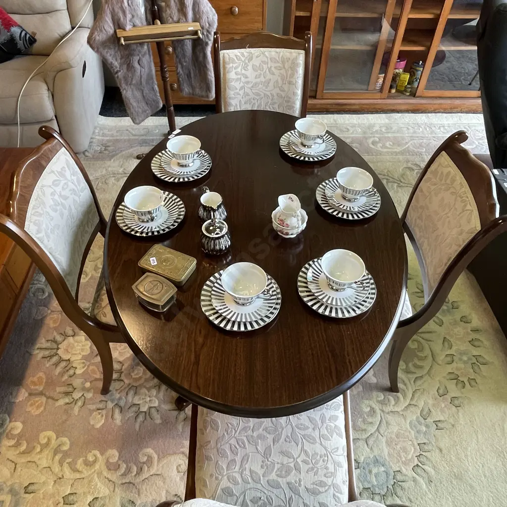 NO RESERVE Vintage Solid Mahogany 5 Pce Dining Suite. Solid 4 leg Central Panel Base. Chairs with Warwick Upholstery Image 1++