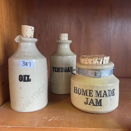 Pearsons of Chesterfield Stoneware Oil and Vinegar bottles with Moira Pottery Homemade jam Pot