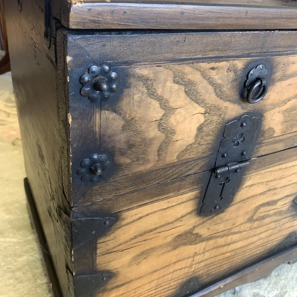 Antique Korean Blanket Chest. Solid Elm Wood with iron latch, hinges and detail. C1850. 84 x 37cm H50cm Image 1++