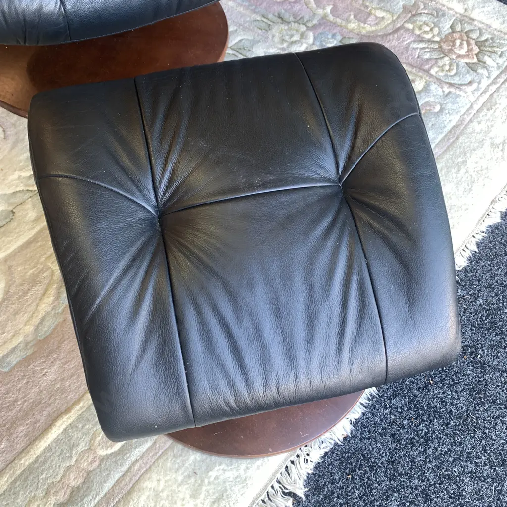 Vintage Black Leather Swivel and Reclining Armchair with footstool Image 1++