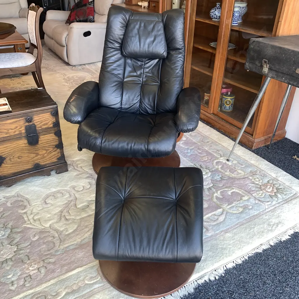 Vintage Black Leather Swivel and Reclining Armchair with footstool Image 1++