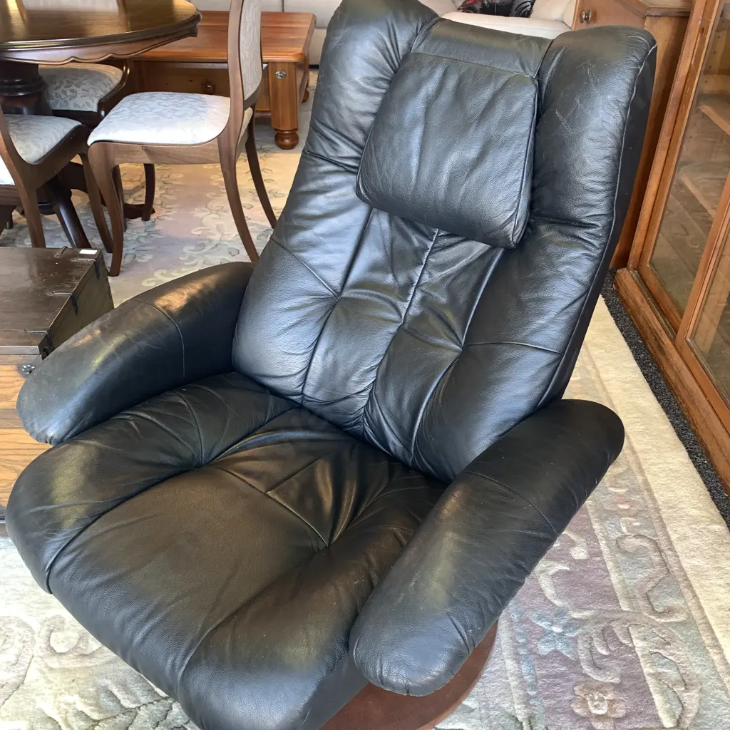 Vintage Black Leather Swivel and Reclining Armchair with footstool Image 1++