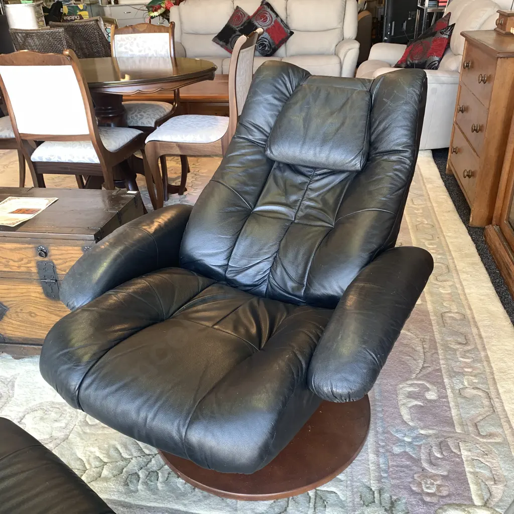 Vintage Black Leather Swivel and Reclining Armchair with footstool Image 1++