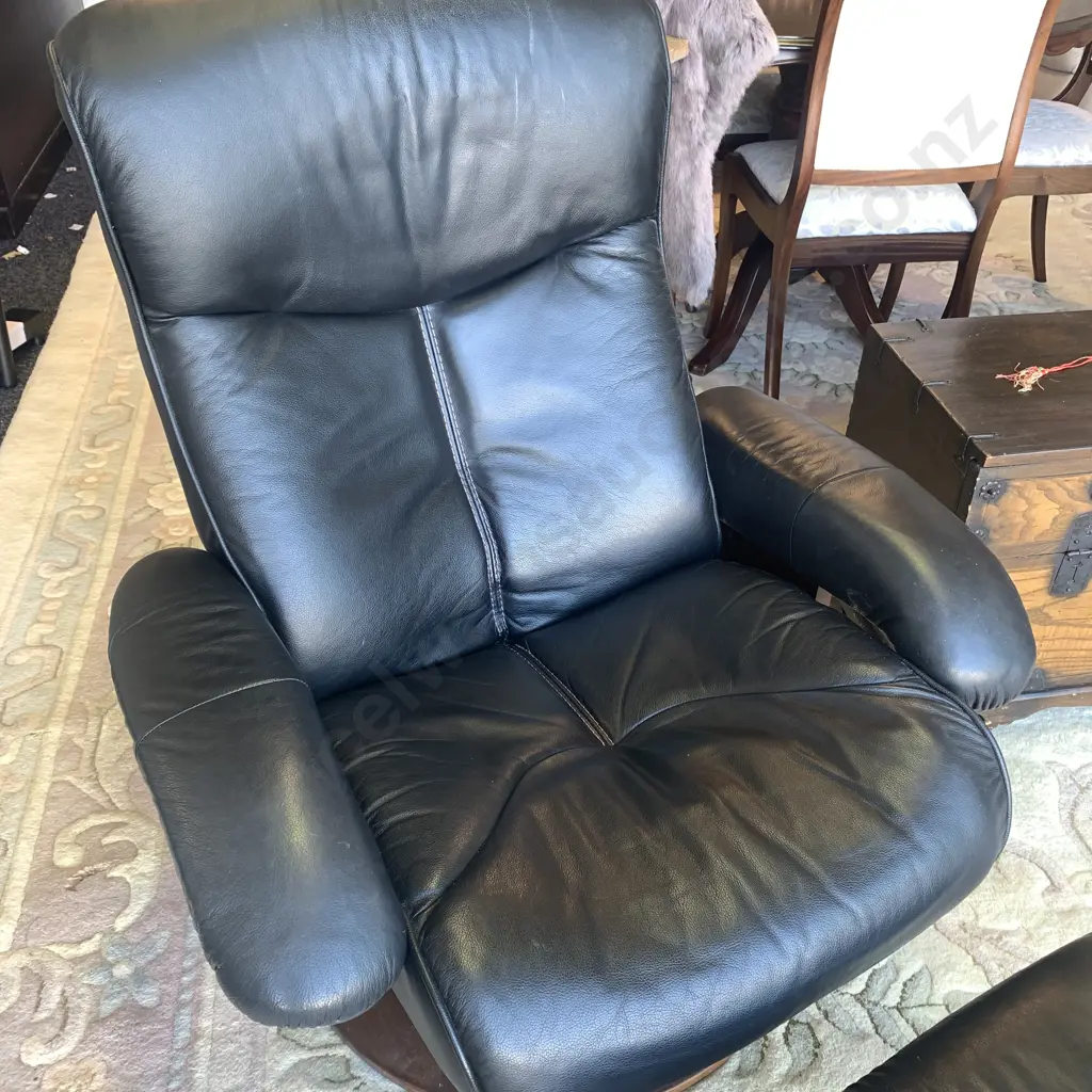 Vintage Black Leather Swivel and Reclining Armchair with footstool Image 1++