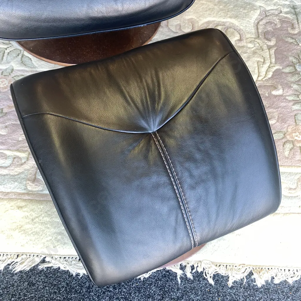 Vintage Black Leather Swivel and Reclining Armchair with footstool Image 1++