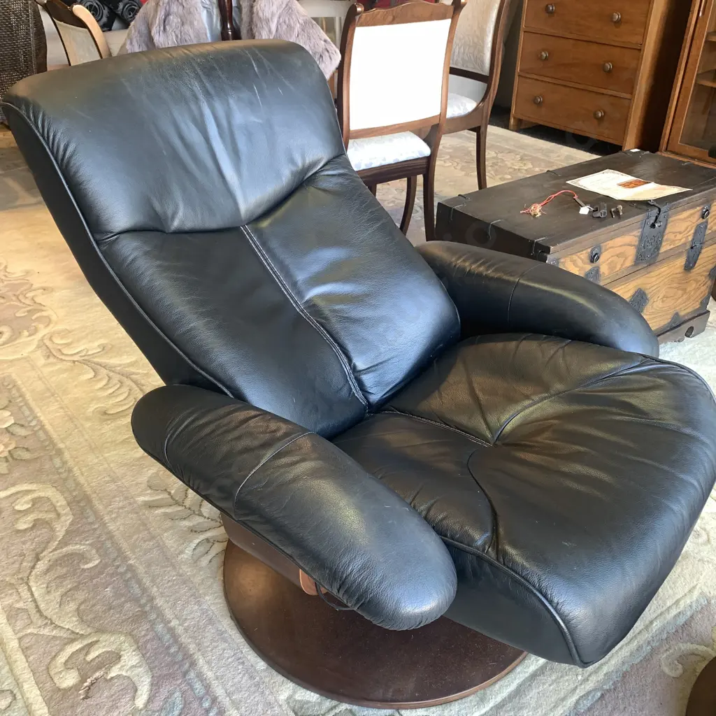 Vintage Black Leather Swivel and Reclining Armchair with footstool Image 1++