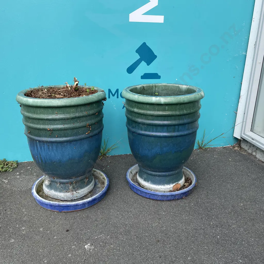 Pair of Massive Outdoor Plant Pots with Base Tray, Teal Blue Green Drizzle Glaze, H50cm Image 1++