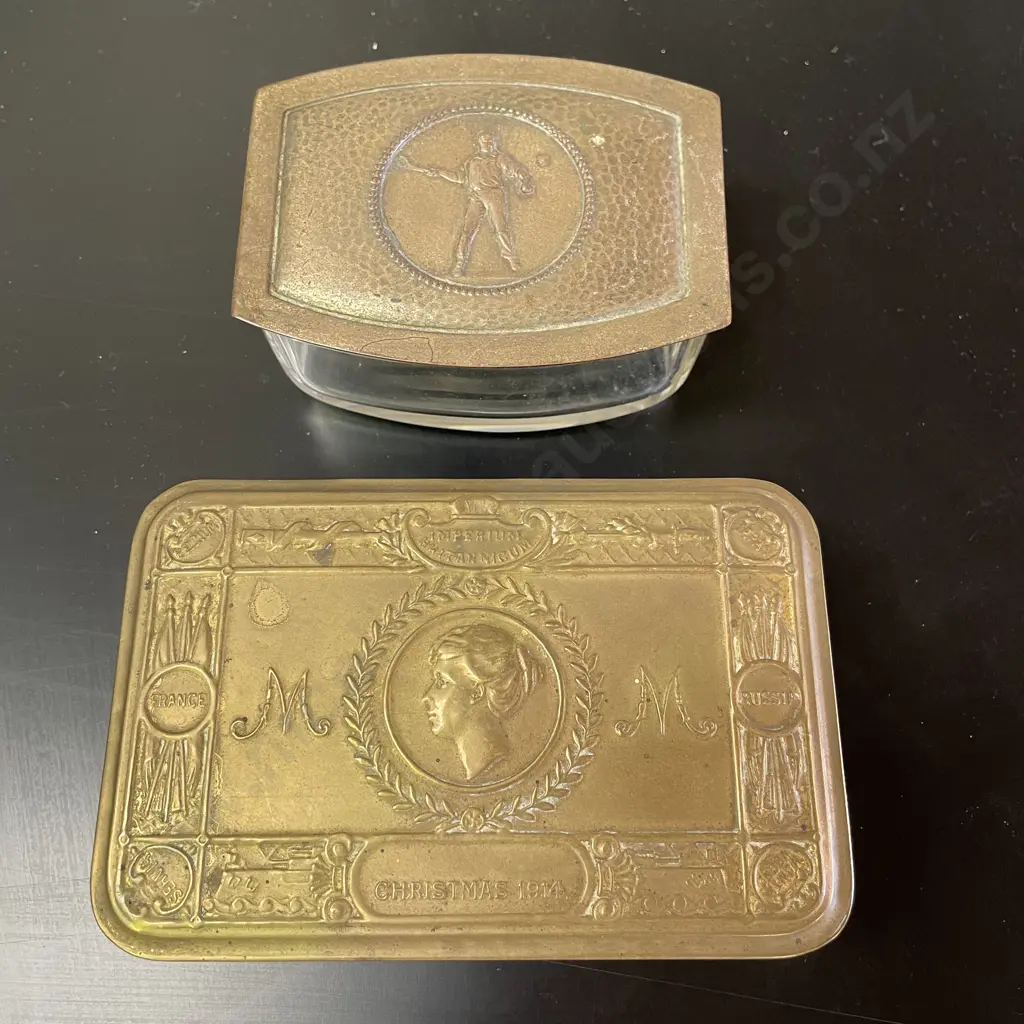 2 Vintage Boxes. 1 full Brass "Imperium" and 1 with Brass Lid and Tennis Emblem Image 1++