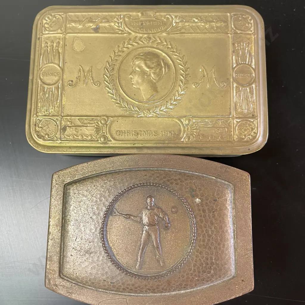 2 Vintage Boxes. 1 full Brass "Imperium" and 1 with Brass Lid and Tennis Emblem Image 1++