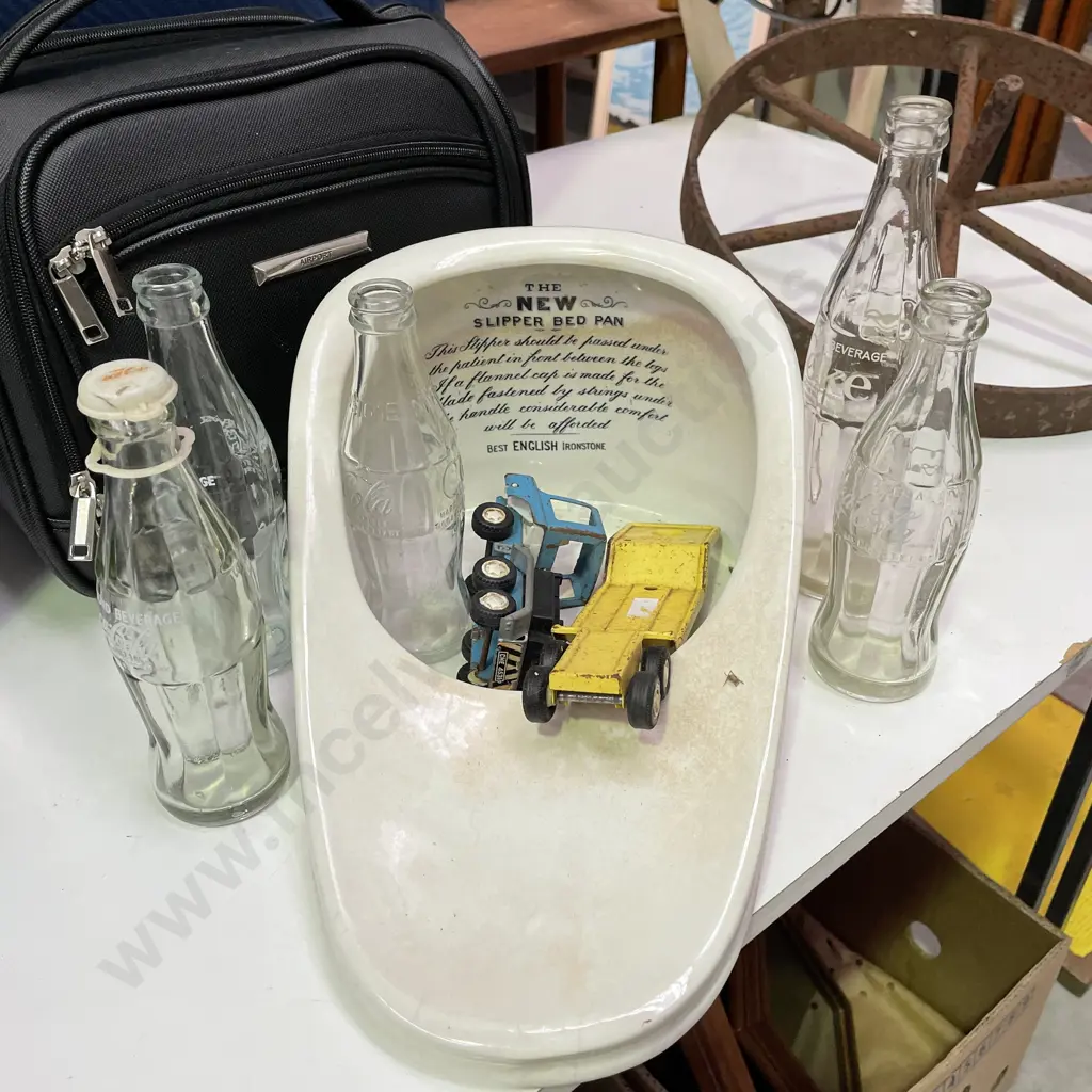 Antique Ceramic Slipper Bed Pan (af), Assortment of Coke Bottles and Tonka Truck Image 1++