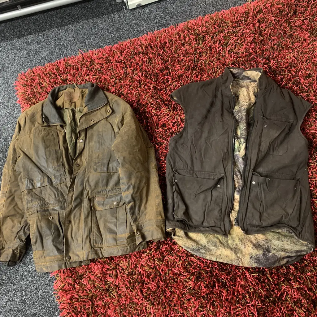Outback Trading Company Oilskin Jacket, Size XL with High Country Habitat Camo Vest, Size XL Image 1++