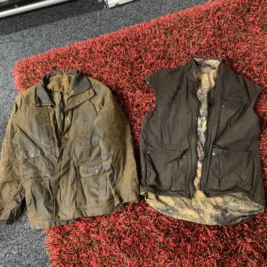 Outback Trading Company Oilskin Jacket, Size XL with High Country Habitat Camo Vest, Size XL