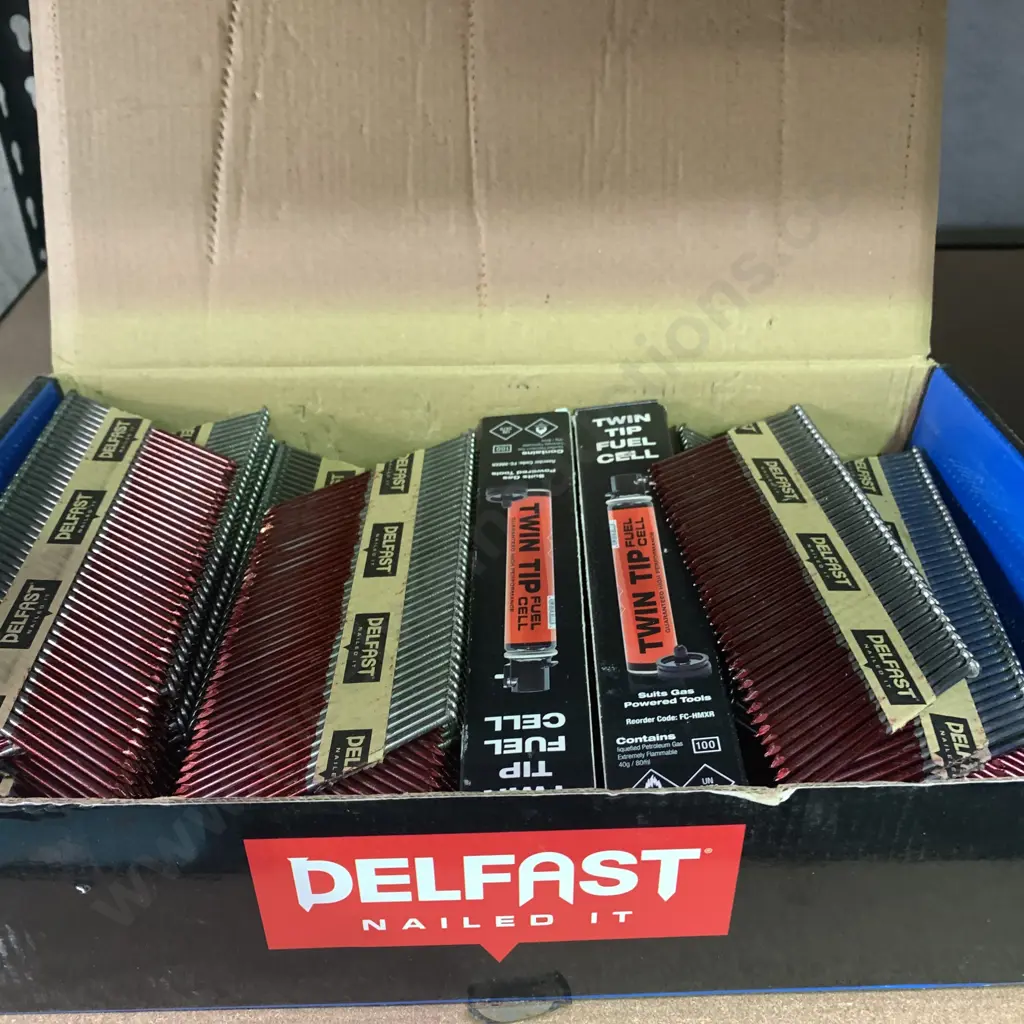 Box of Paslode Delfast Bright Steel D Head Nails with Two Fuel Cells with Half Box Paslode Nails Image 1++