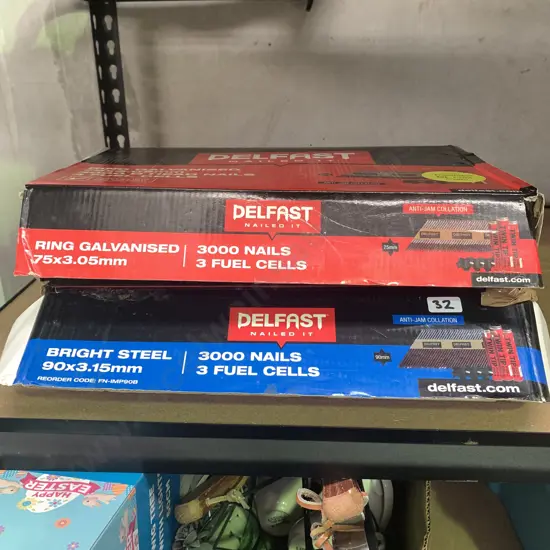 Box of Paslode Delfast Bright Steel D Head Nails with Two Fuel Cells with Half Box Paslode Nails