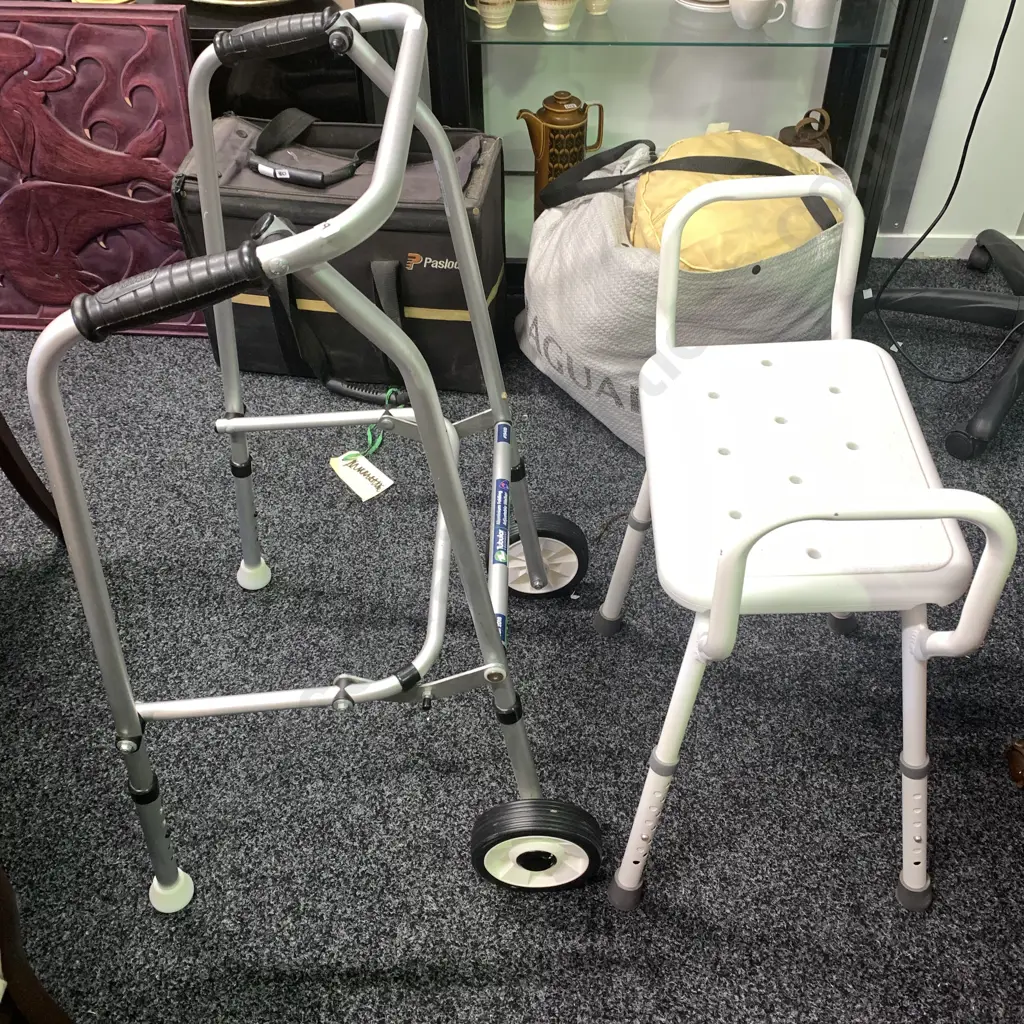 Aluminium Tubular Folding Walking Frame with Adjustable Shower Stool Image 1++