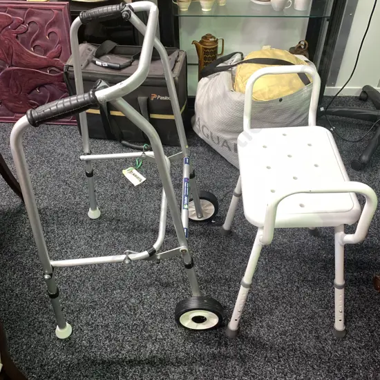Aluminium Tubular Folding Walking Frame with Adjustable Shower Stool