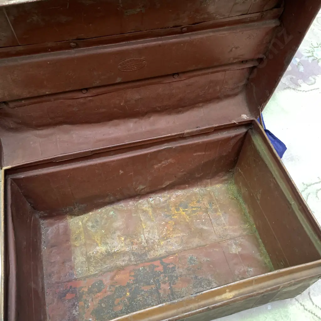 Farra Bros Dunedin Antique Tin Chest. Labels as shown in photographs. 60 x 40 x 37cm Image 1++