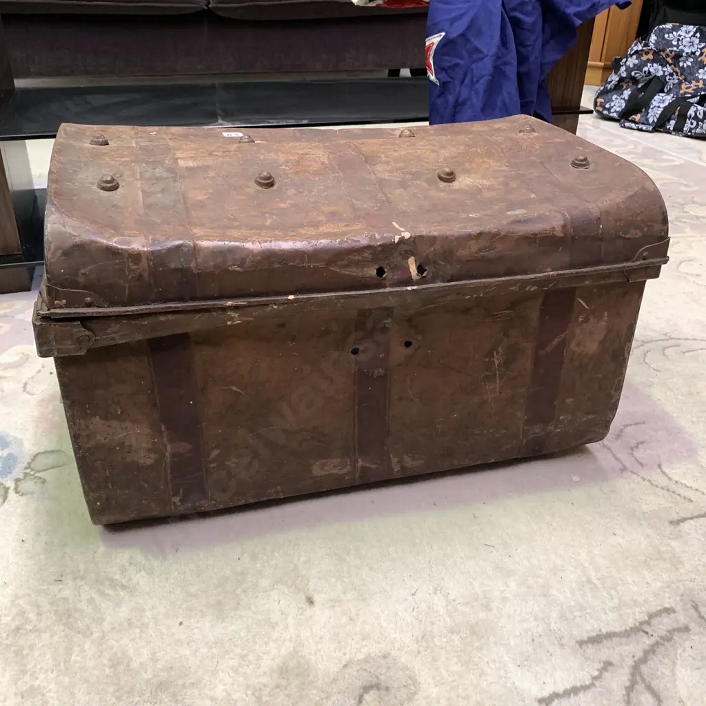 Farra Bros Dunedin Antique Tin Chest. Labels as shown in photographs. 60 x 40 x 37cm Image 1++