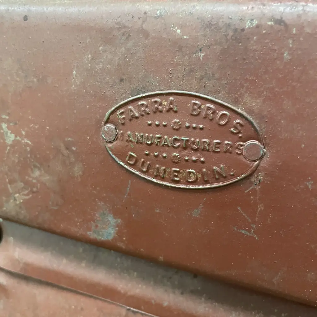 Farra Bros Dunedin Antique Tin Chest. Labels as shown in photographs. 60 x 40 x 37cm Image 1++