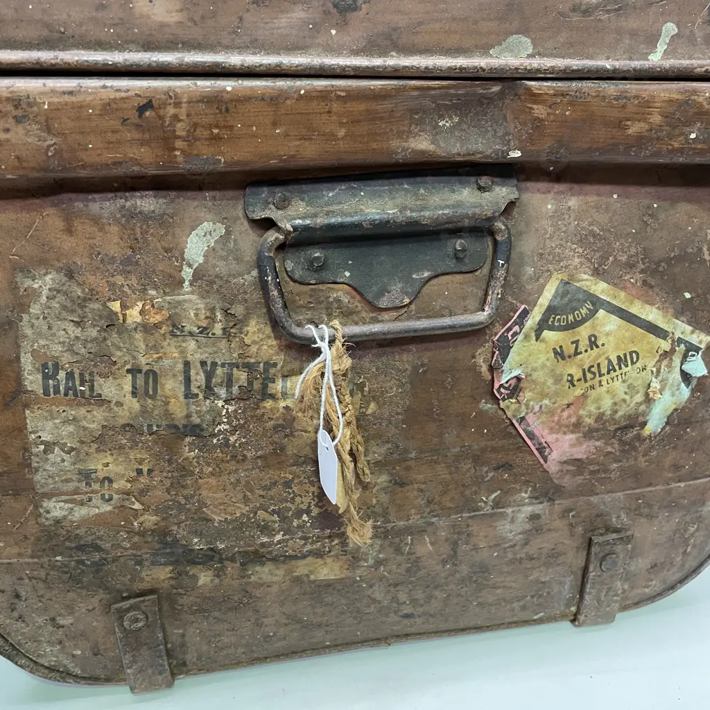 Farra Bros Dunedin Antique Tin Chest. Labels as shown in photographs. 60 x 40 x 37cm Image 1++
