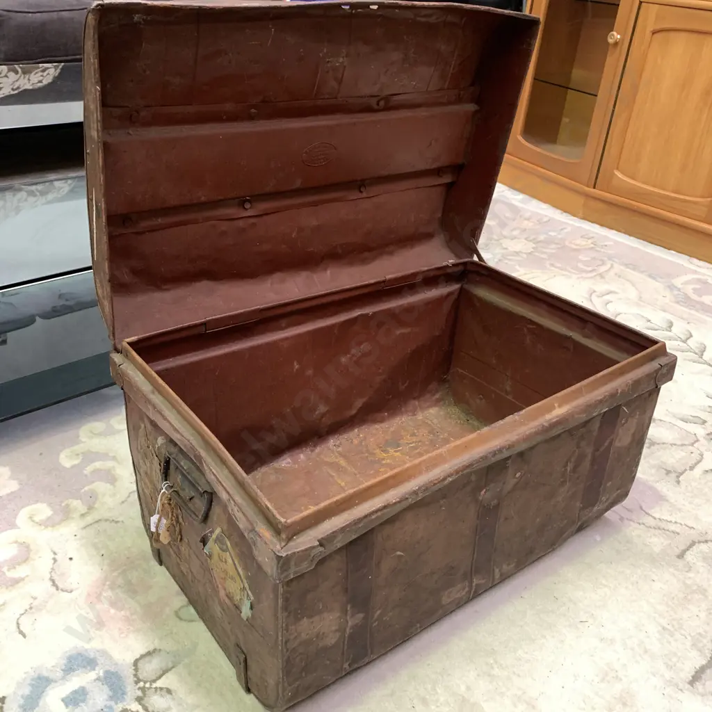 Farra Bros Dunedin Antique Tin Chest. Labels as shown in photographs. 60 x 40 x 37cm Image 1++